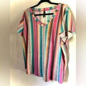Women’s V-Neck Striped Short Sleeve Top - Multicolor Sarape T shirt 2X